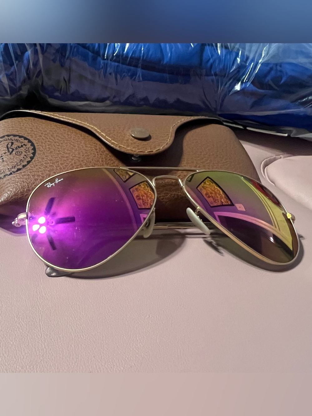 Ray-Ban Gold Aviator Sunglasses with Purple Mirrored Lenses